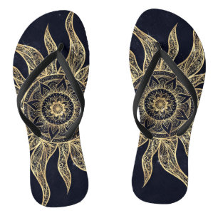 Elegant Gold Sun Mandala Blue Nebula Design Teenslippers
