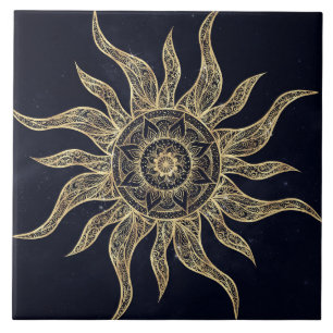 Elegant Gold Sun Mandala Blue Nebula Design Tegeltje