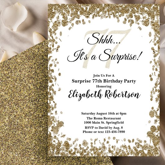 Elegant Gold Surprise 77th Birthday Invitation