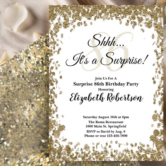 Elegant Gold Surprise 86th Birthday Invitation