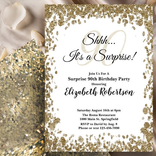 Elegant Gold Surprise 90th Birthday Invitation