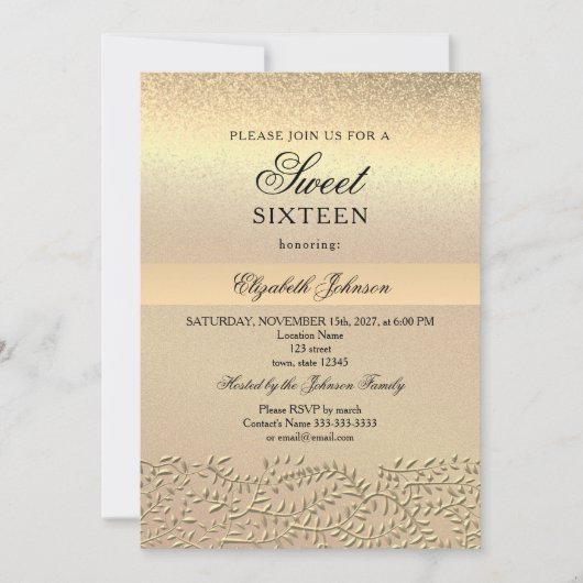 Elégant Gold Sweet 16 Anniversaire Invitation (Devant)