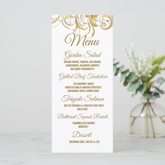 Elegant Gold Swirls Wedding Menu (Staand voorkant)