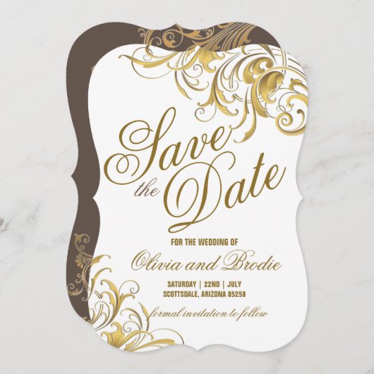 Elegant Gold Swirls Wedding Save The Date (Voorkant / Achterkant)