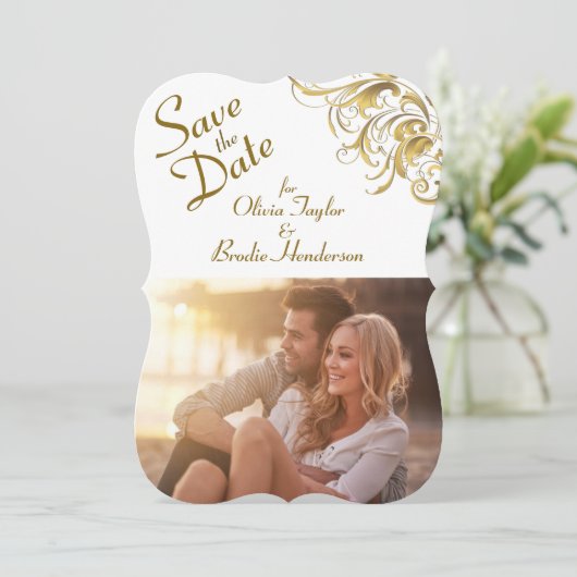 Elegant Gold Swirls Wedding Save The Date (Staand voorkant)
