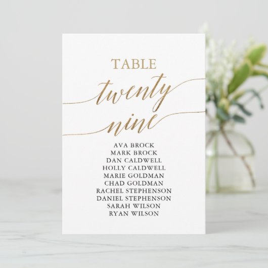 Elegant Gold Table Number 29 Seating Chart Kaart (Staand voorkant)