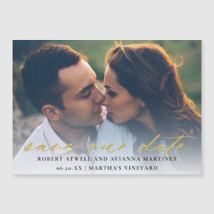 Elegant Gold Text Foto Weddenschap Save the Date Magnetische Uitnodiging