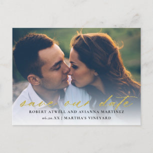 Elegant Gold Text Photo Weddenschap Save the Date Aankondigingskaart