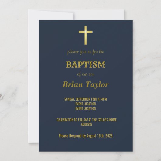 Elegant Gold Typography Cross Baptism on Navy Blue Kaart (Voorkant)