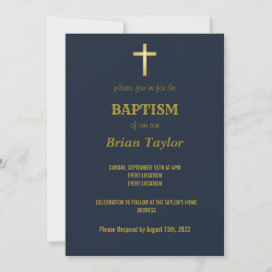 Elegant Gold Typography Cross Baptism on Navy Blue Kaart