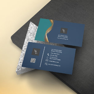 Elegant Gold Wave Blue Blauwgroen Logo QR-code Visitekaartje