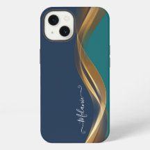 Elegant Gold Waves Blue, Blauwgroen met naam