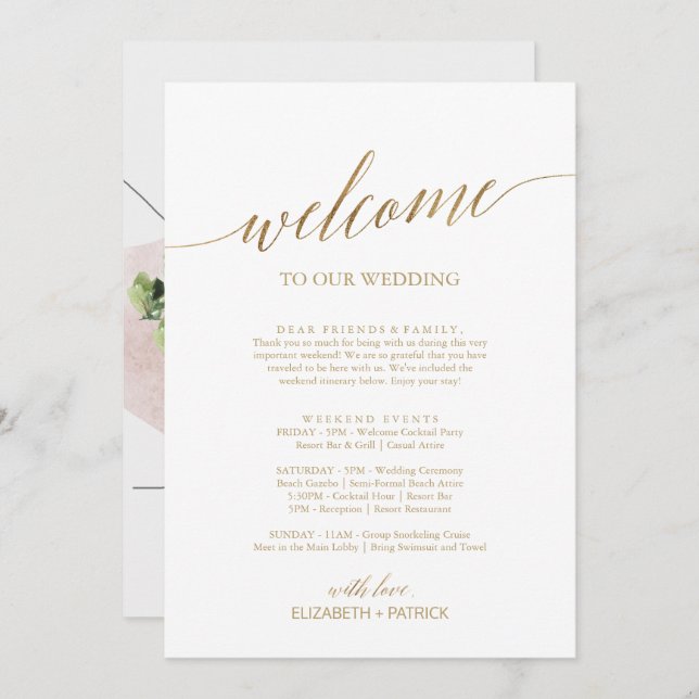 Elegant Gold Welcome Letter Itinerary & Map (Voorkant / Achterkant)
