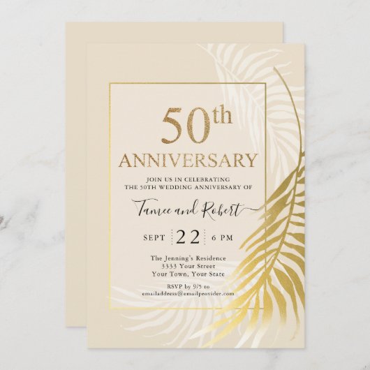 Elégant Gold White 50e Faire-part de mariage (Devant / Derrière)