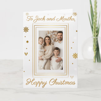 Elegant Gold & White Family Photo Christmas Card Kaart