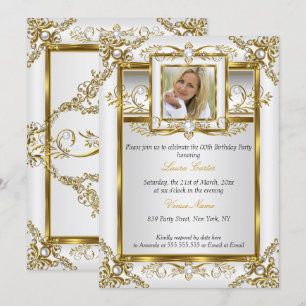 Elegant Gold White Pearl Damask Foto geboortedag 4 Kaart