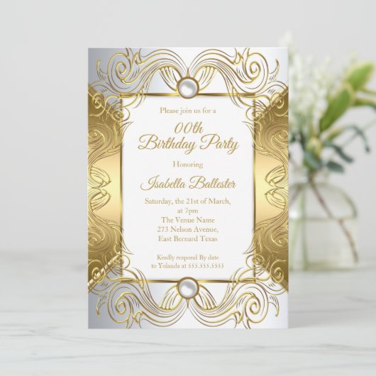 Elegant Gold White Pearl Silver Wirl verjaardag Kaart (Staand voorkant)