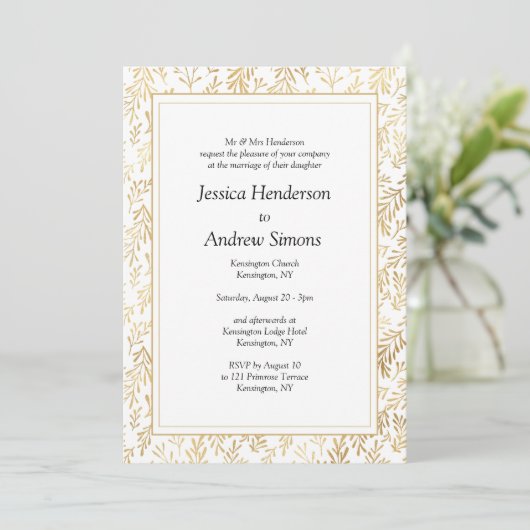 Elegant Gold White Wedding Invitation Kaart (Staand voorkant)