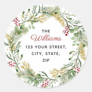 Elegant Gold Winter Greenery Wreatadres Ronde Sticker