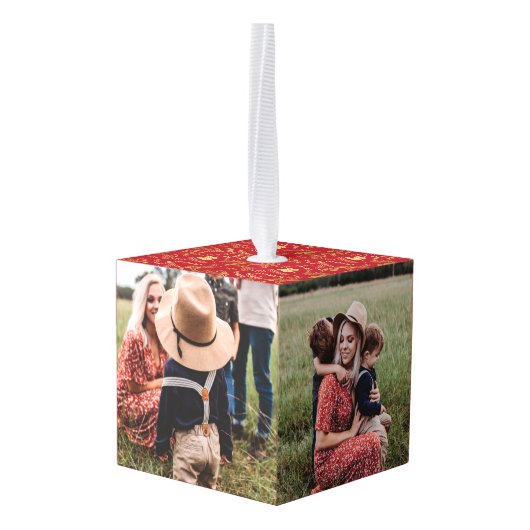 Elegant Gold Winter Wreater Monogram Red Foto Kubus Ornament (Achter hoekig)