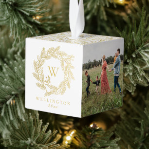 Elegant Gold Winter Wreatmonogram Foto Kubus Ornament