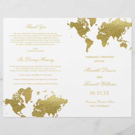 Élégant Gold World Map Mariage programmes de cérém (Devant)