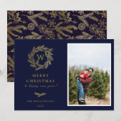 Elegant Gold Wreator Monogram Holiday Fotokaart Feestdagenkaart (Voorkant / Achterkant)