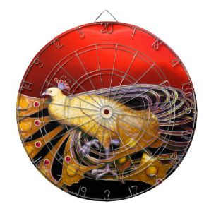 ELEGANT GOLD YELLOW PEACOCK IN RED DARTBORD