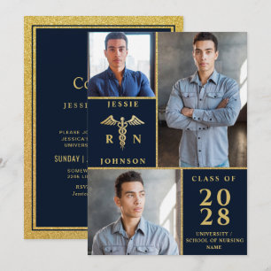 Elegant Golden 3 PHOTO Nursing Graduation Party Kaart