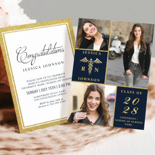 Elegant Golden 3 PHOTO Nursing Graduation Party Kaart