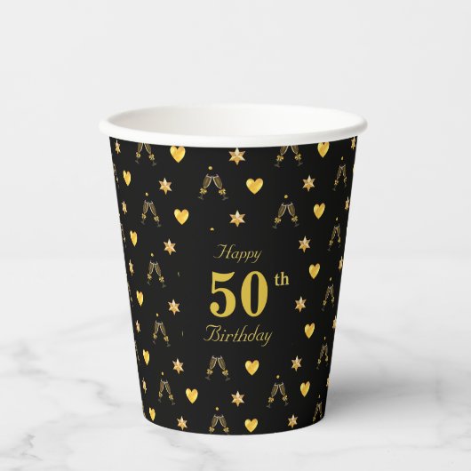 Elegant Golden 50th Birthday on Black Paper Cups Papieren Bekers (Voorkant)