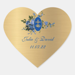 Elegant Golden Blue Wedding Floral Hart Sticker