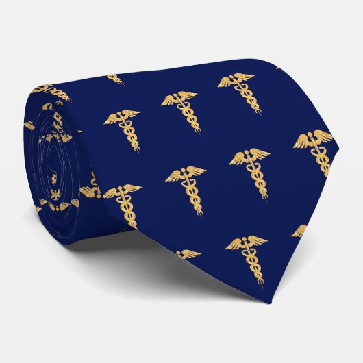 Elegant Golden Caduceus Pattern on Navy Blue Neck Stropdas (Opgerold)