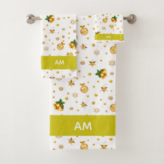 Elegant Golden Christmas Icons & Monogram on White Bad Handdoek