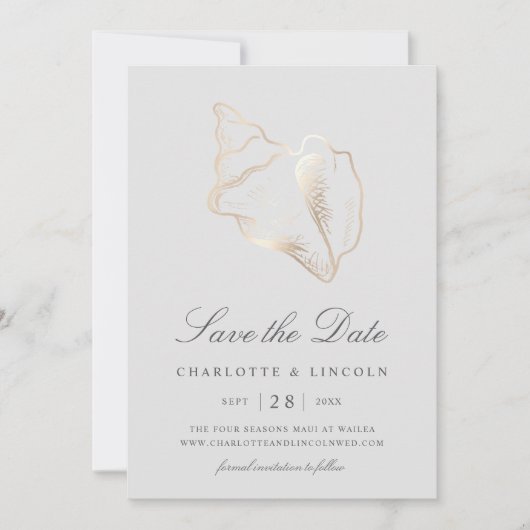 Elegant Golden Conch Shell Wedding Save The Date (Voorkant)