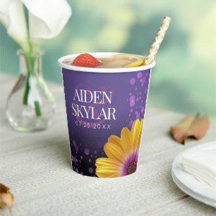 Elegant Golden Daisies met Paarse Glitter Wedding Papieren Bekers