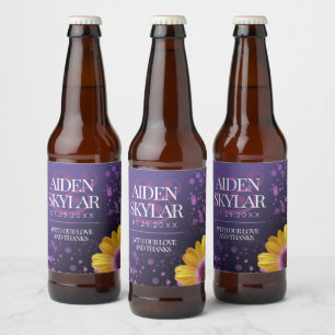 Elegant Golden Daisy met Paarse Glitter Wedding Bier Etiket