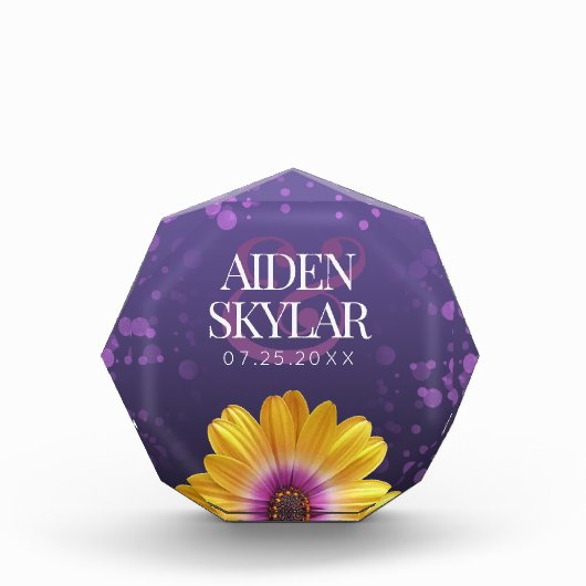 Elegant Golden Daisy met Paarse Glitter Wedding Fotoblokken (Voorkant)