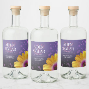 Elegant Golden Daisy met Paarse Glitter Wedding Likeurfles Etiket