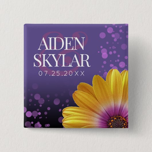 Elegant Golden Daisy met Paarse Glitter Wedding Vierkante Button 5,1 Cm (Voorkant)