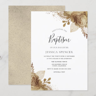 Elegant Golden Floral Baptism Christening Invite Kaart