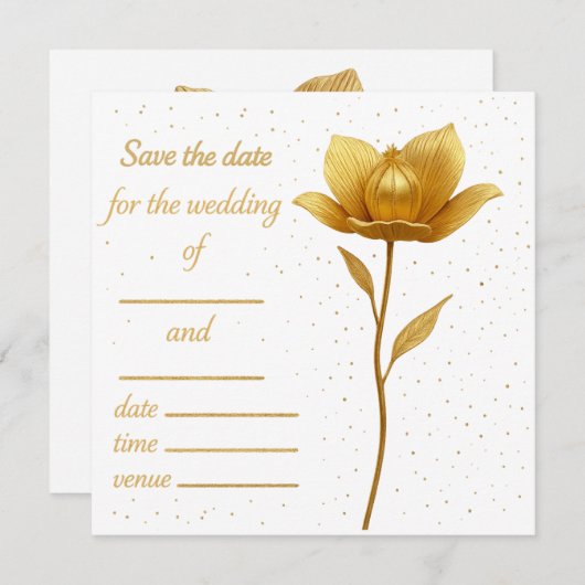 Elegant Golden Flower Flat Save The Date Card (Voorkant / Achterkant)