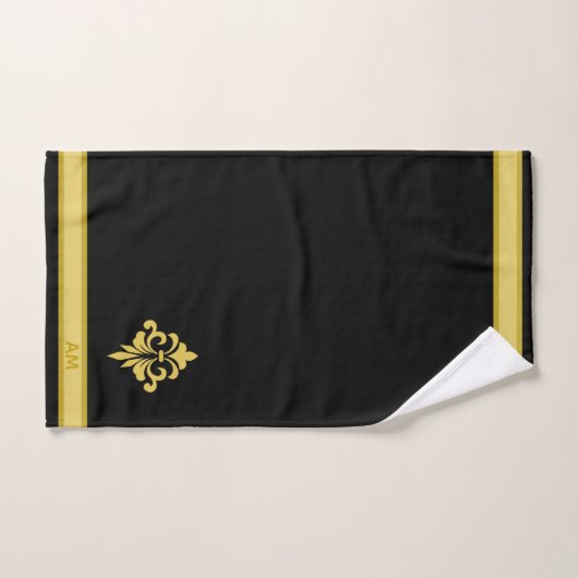 Elegant Golden Flower, Monogram & Stripe on Black (Serviette à main)