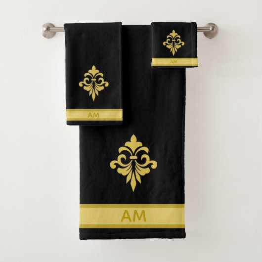 Elegant Golden Flower, Monogram & Stripe on Black Bad Handdoek (Insitu)