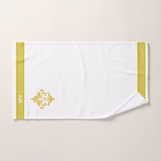 Elegant Golden Flower, Monogram & Stripe on White Bad Handdoek (Handdoek)