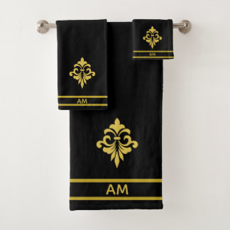 Elegant Golden Flower, Monogram & Stripes on Black