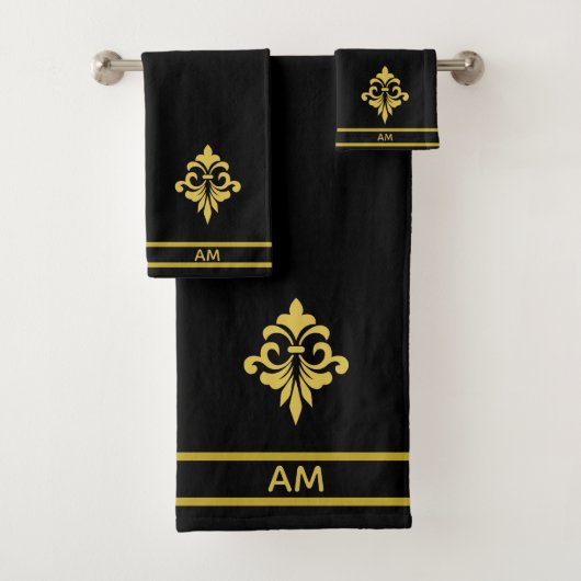 Elegant Golden Flower, Monogram & Stripes on Black (En situation)