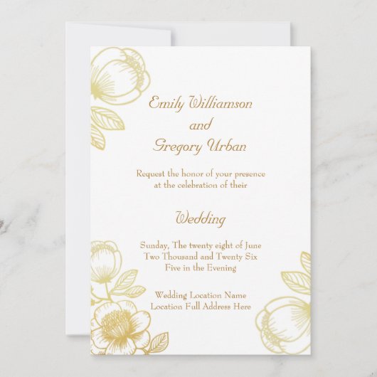 Elegant Golden Flowers Wedding Kaart (Voorkant)