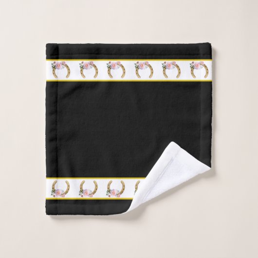 Elegant, Golden Horseshoes on Black and White Bad Handdoek (Wasdoekje)