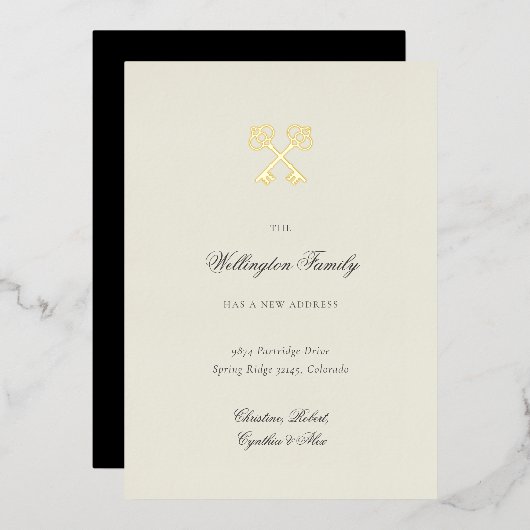 Elegant Golden Key New Address Moving Annouting Folie Uitnodiging (Voorkant / Achterkant)